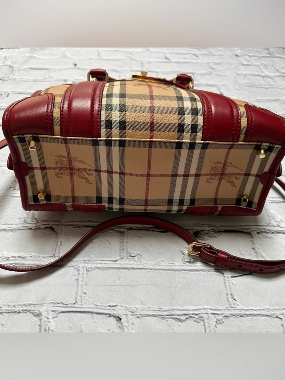 Burberry Brown Haymarket Check Patent Leather Portrait Minford Tote Bag - Picture 5 of 16